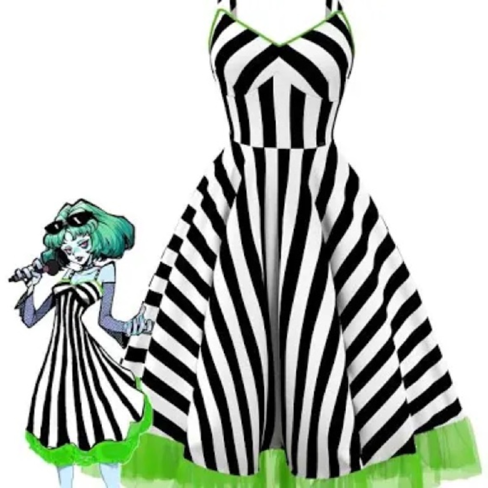 Retro stage Striped Black and White Dress w/Green Accents large NWT beetlejuice
